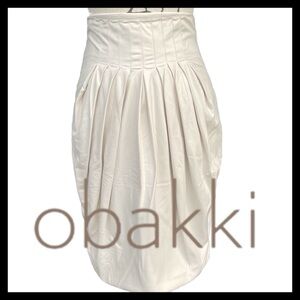 Obakki Cream Cotton Silk Blend Pleated Front Elastic Back Waist Bubble Skirt (0)